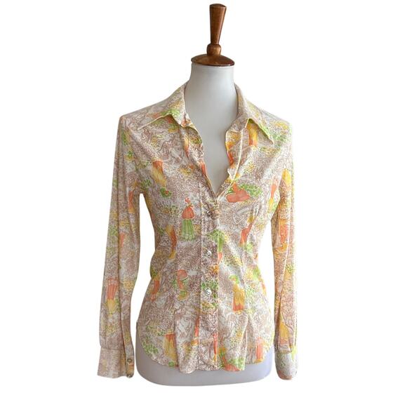 Vintage 1970s Fitted Blouse with Pastoral Print -  Labeled Large, Fits Smaller - Picture 1 of 6
